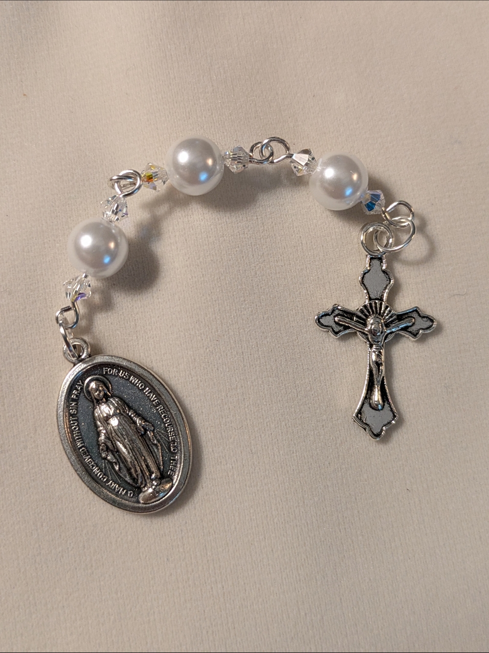 3-Hail Mary Chaplet Rosary with Crystal Pearls Silver Crucifix and Medal